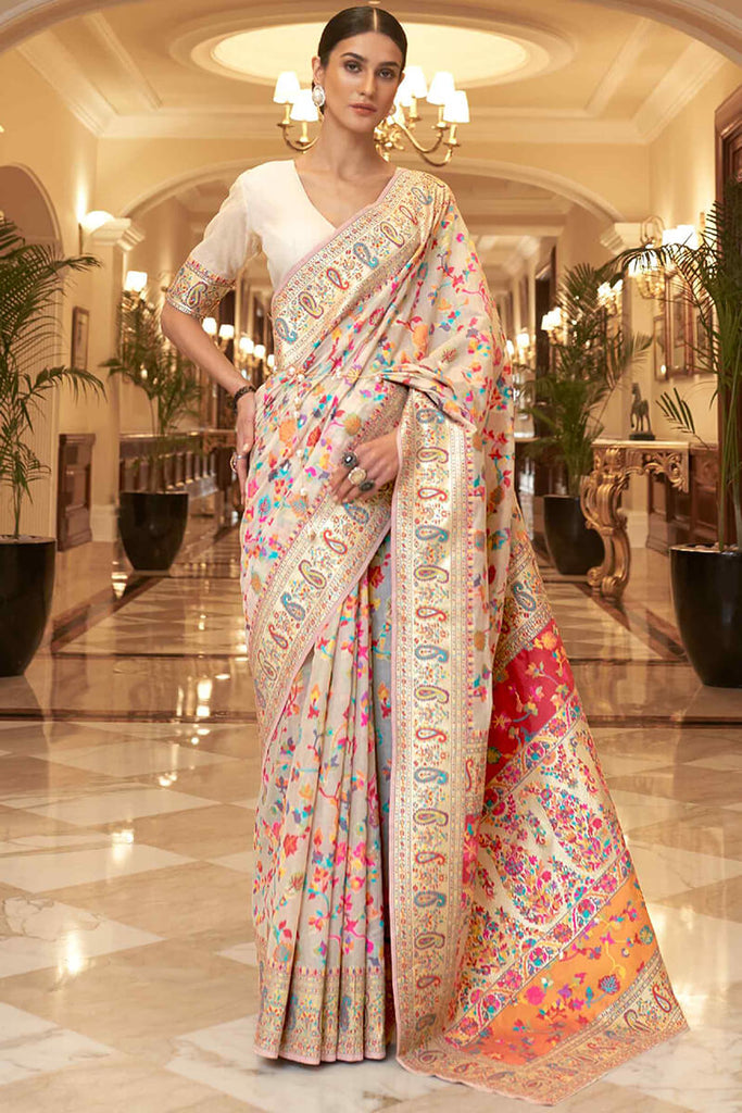 Ecru White Pashmina Silk Saree