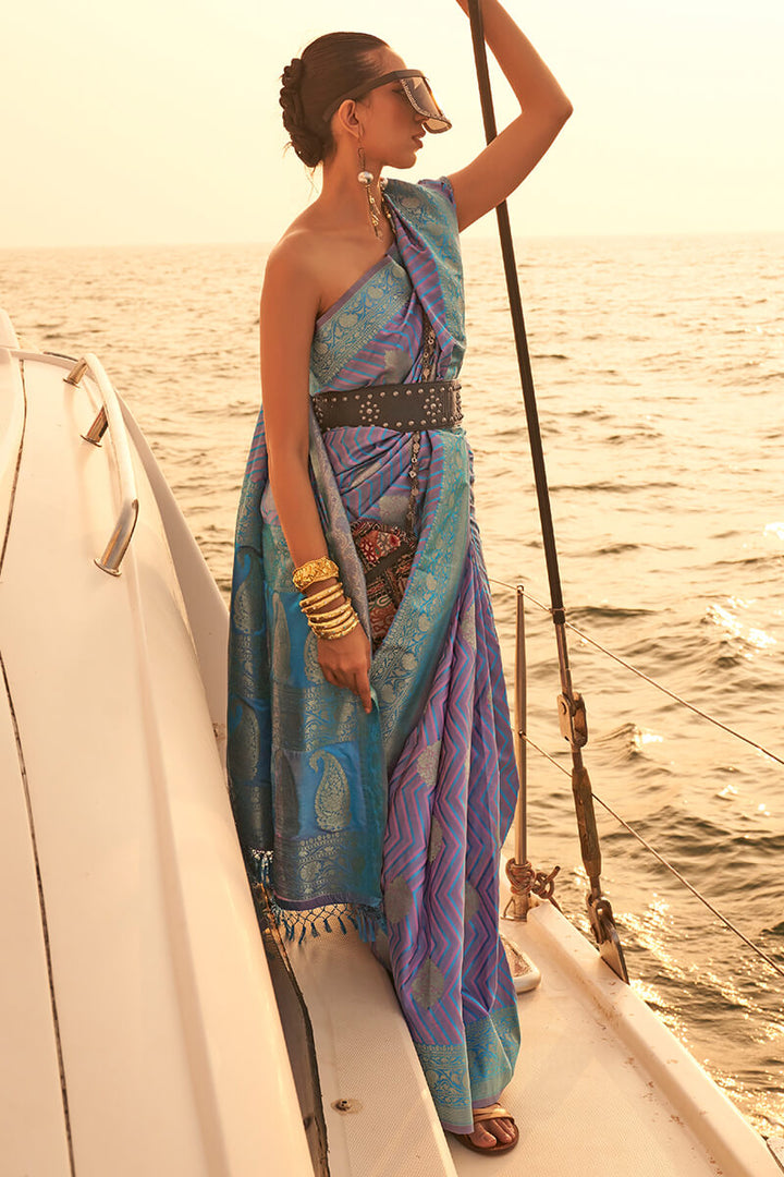 Lavendor and Blue Two Tone Banarasi Satin Silk Saree