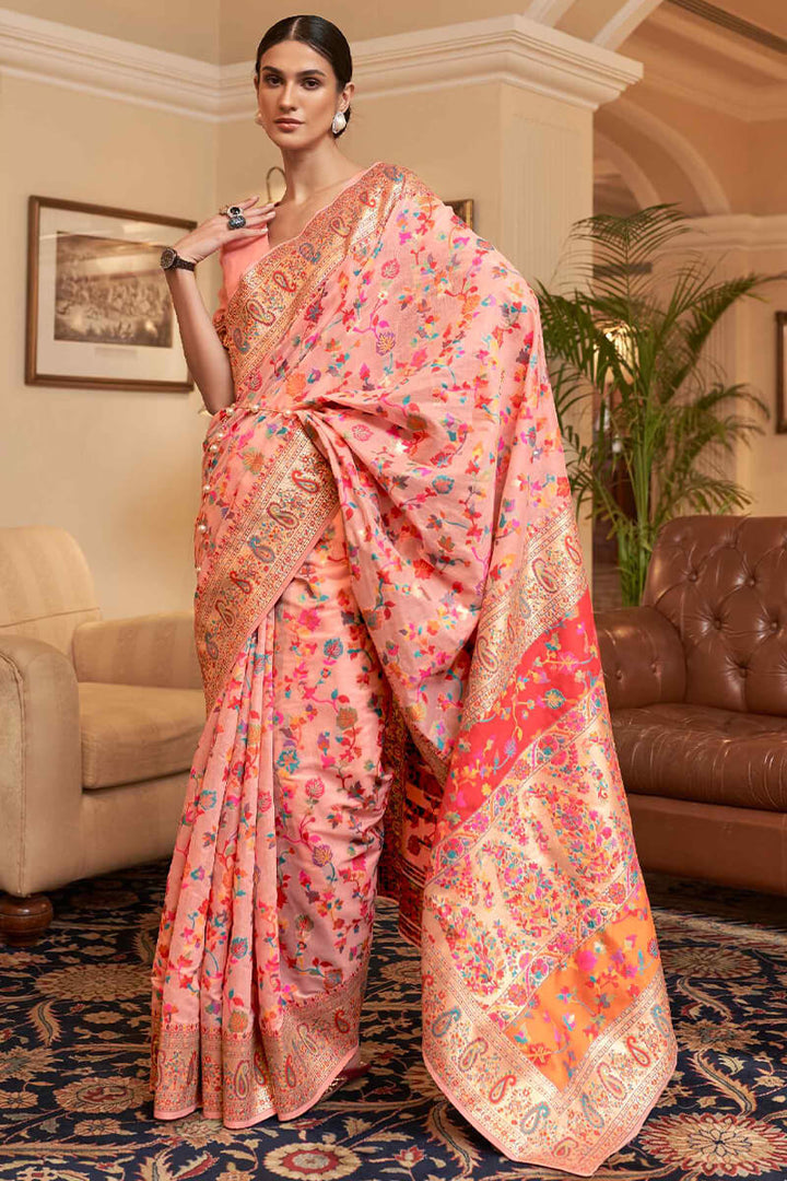 Peachy Pink Pashmina Silk Saree