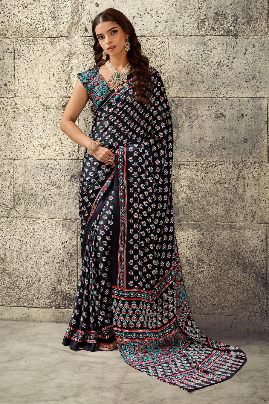 Onyx Black Ajrakh Printed Semi Modal Satin Silk Saree