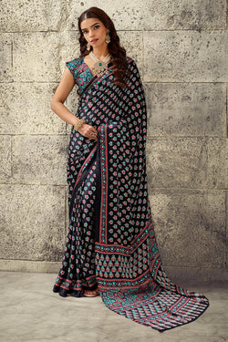 Onyx Black Ajrakh Printed Semi Modal Satin Silk Saree