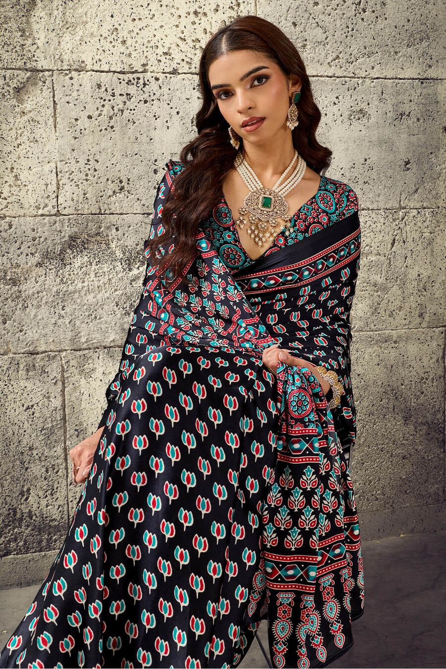 Onyx Black Ajrakh Printed Semi Modal Satin Silk Saree