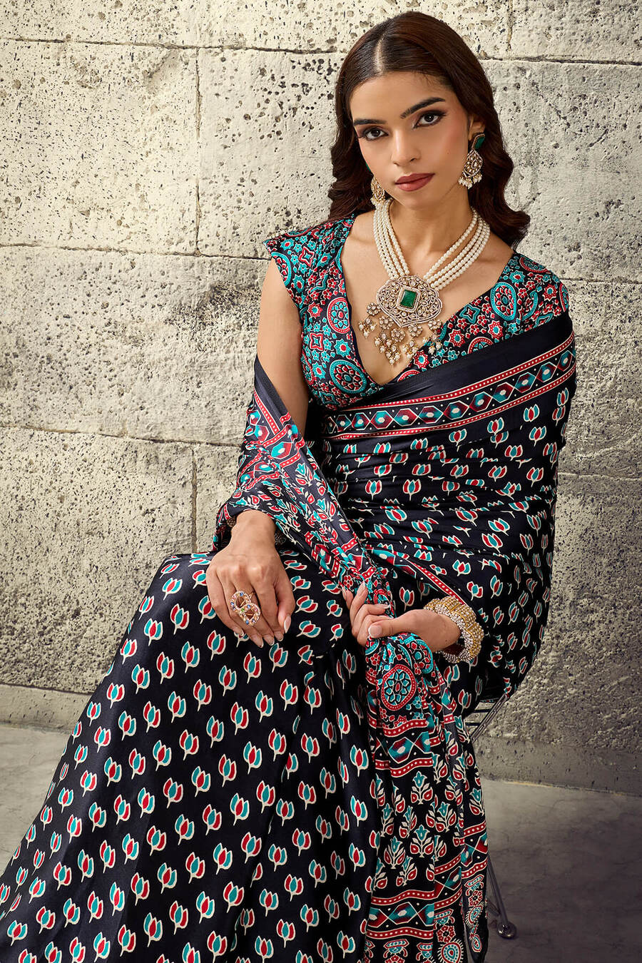Onyx Black Ajrakh Printed Semi Modal Satin Silk Saree