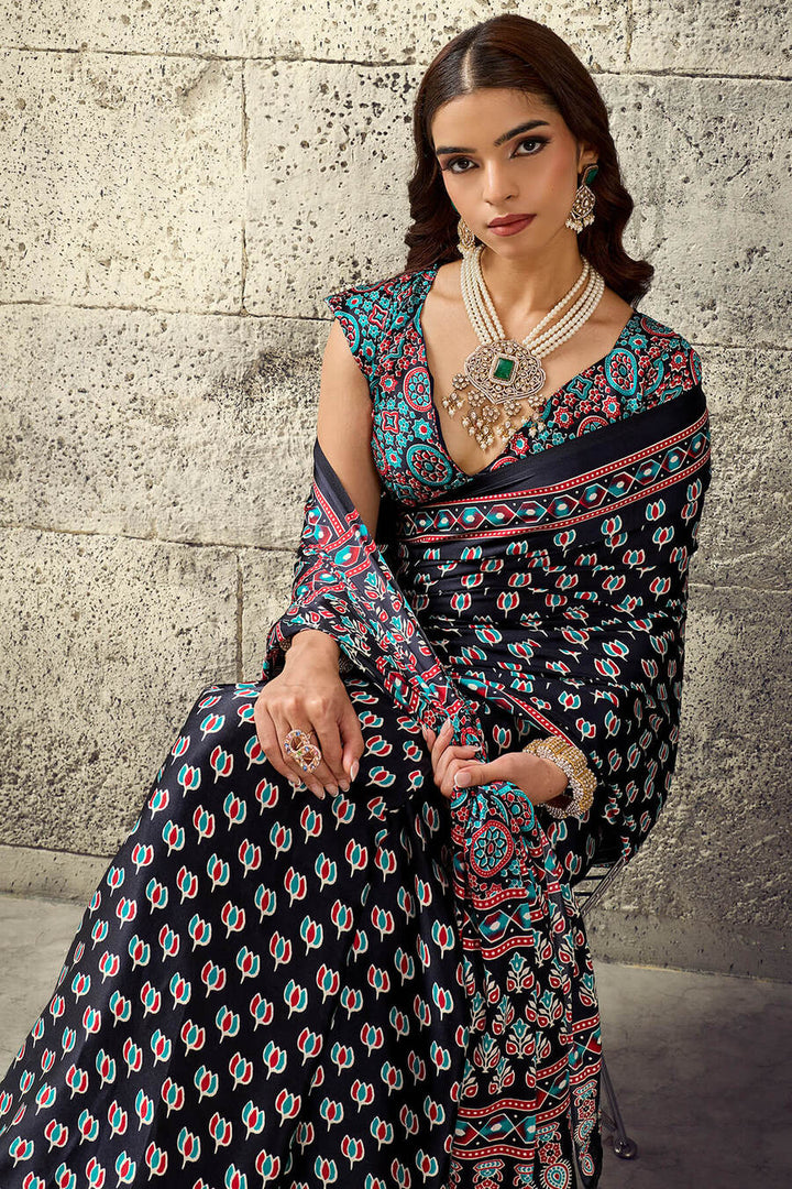 Onyx Black Ajrakh Printed Semi Modal Satin Silk Saree