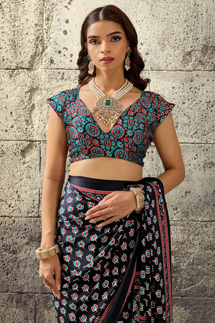 Onyx Black Ajrakh Printed Semi Modal Satin Silk Saree