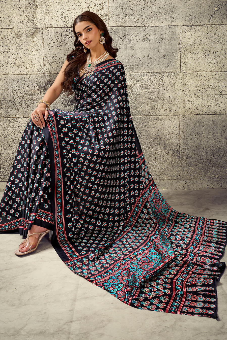 Onyx Black Ajrakh Printed Semi Modal Satin Silk Saree