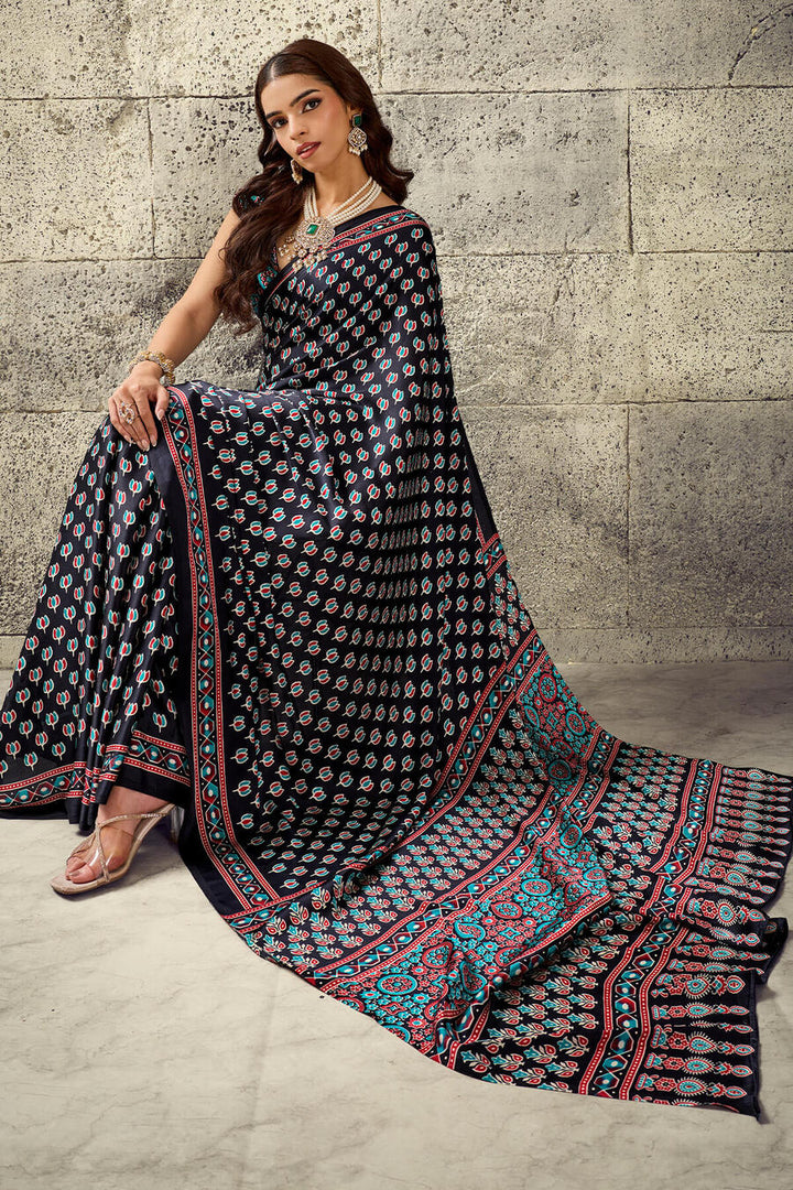 Onyx Black Ajrakh Printed Semi Modal Satin Silk Saree