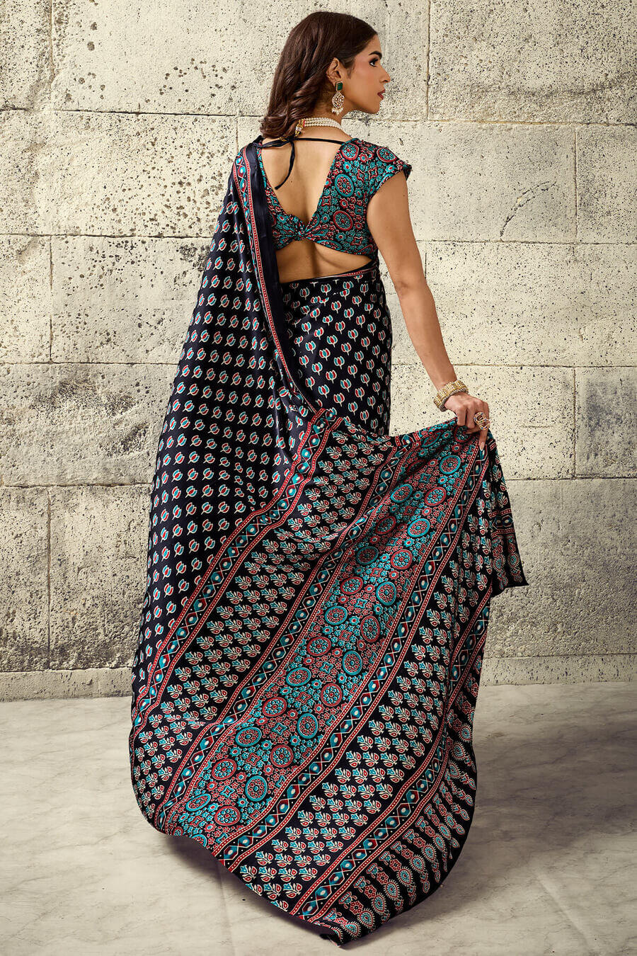 Onyx Black Ajrakh Printed Semi Modal Satin Silk Saree