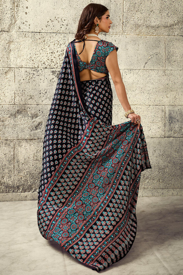 Onyx Black Ajrakh Printed Semi Modal Satin Silk Saree