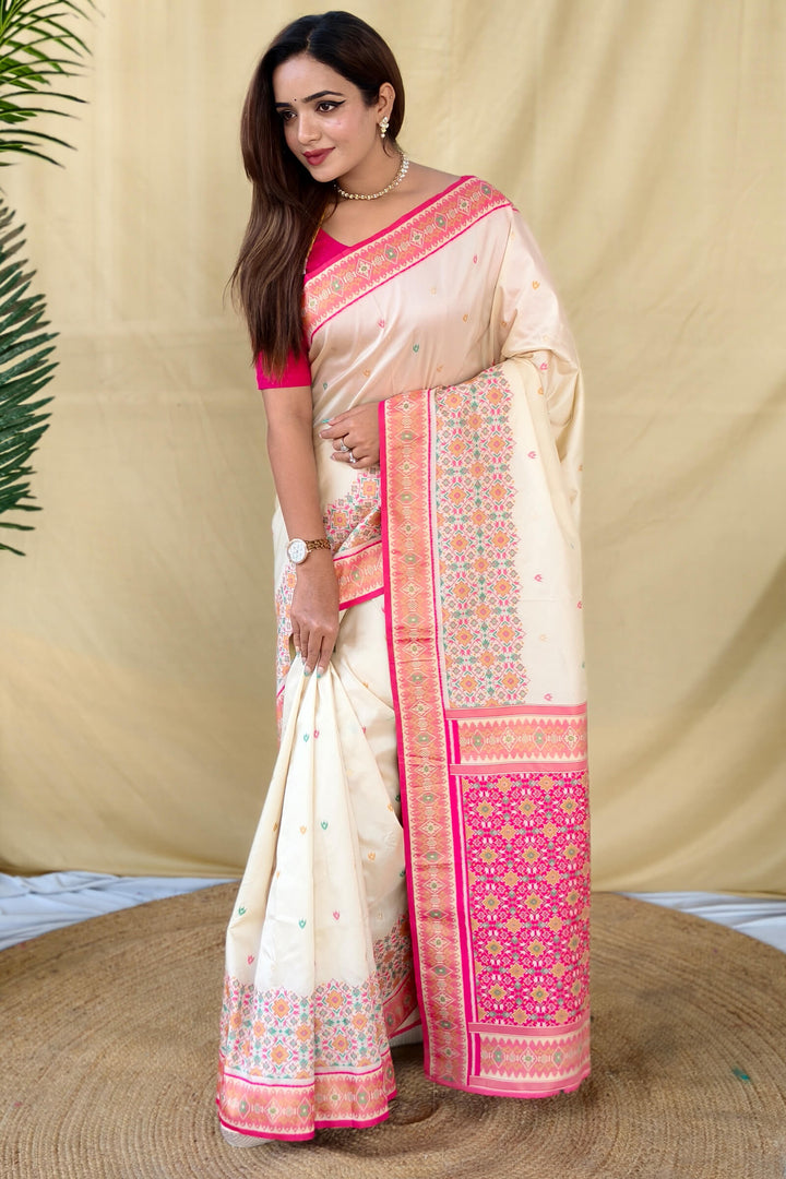 Albescent White Soft Patola Silk Saree