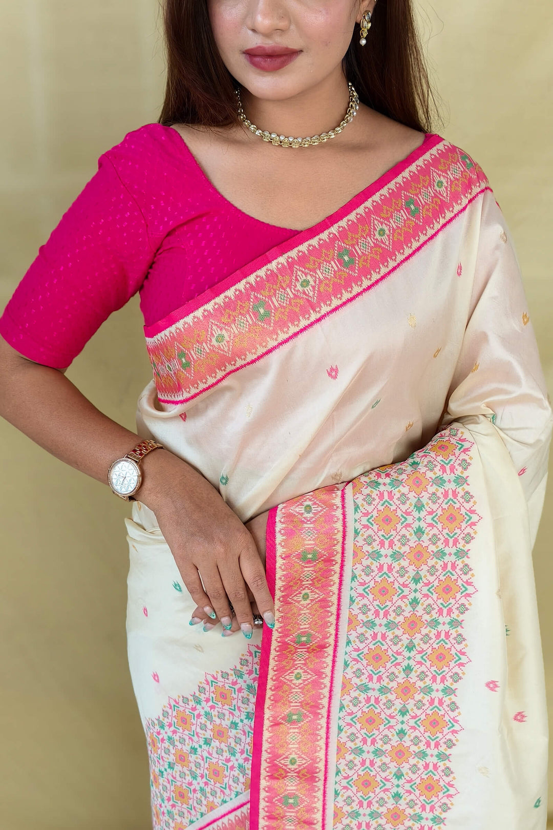 Albescent White Soft Patola Silk Saree