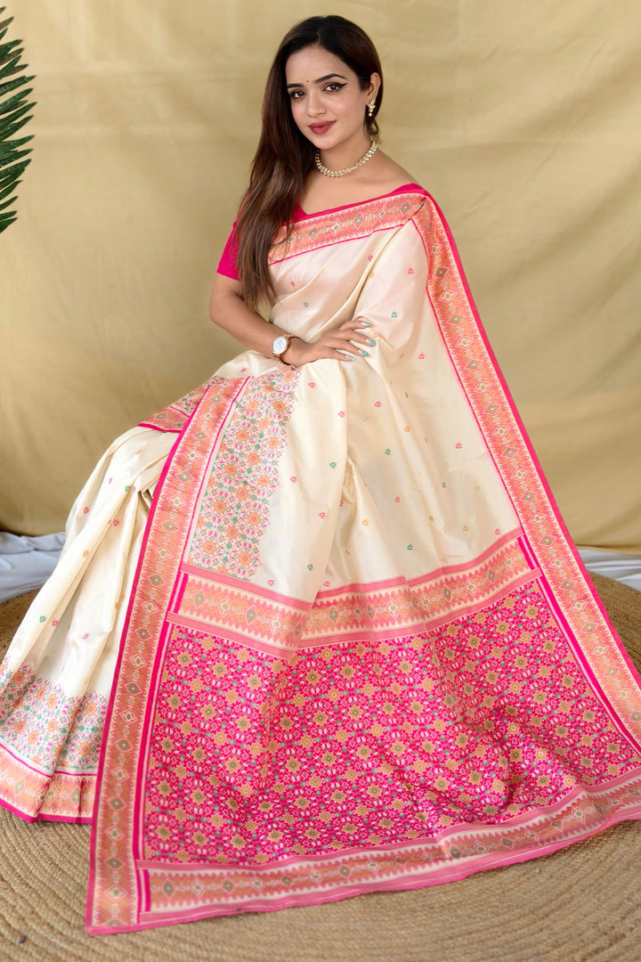 Albescent White Soft Patola Silk Saree