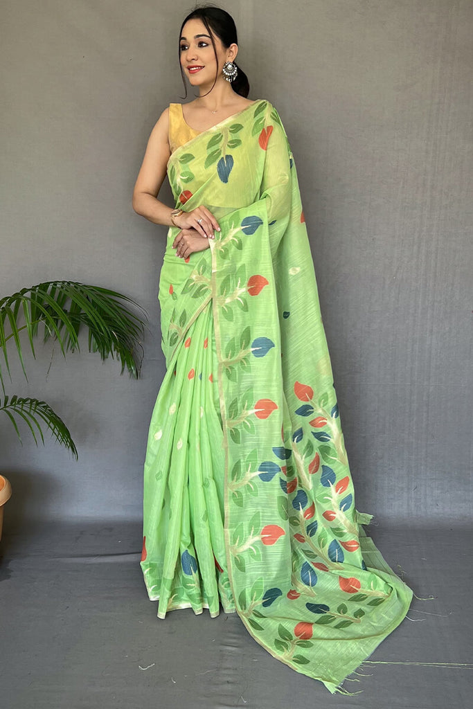 Acid Green Linen Silk Saree