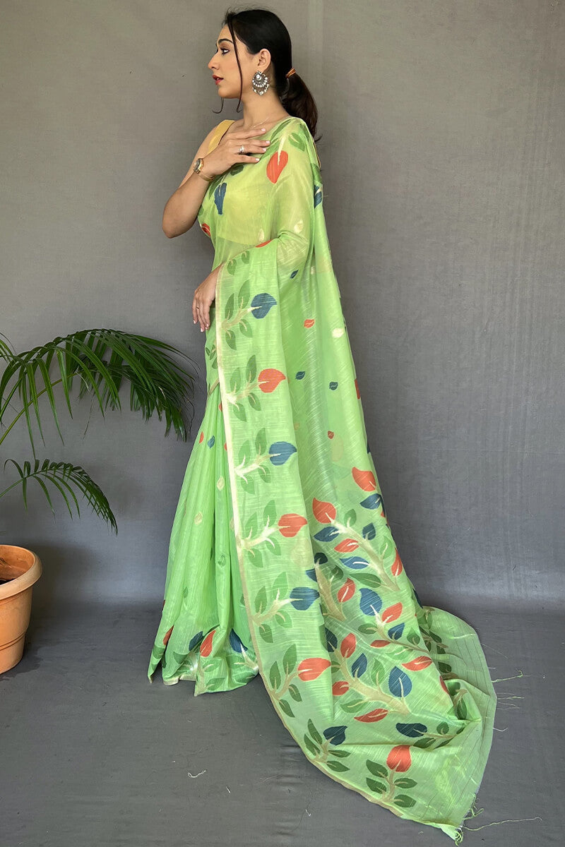 Acid Green Linen Silk Saree