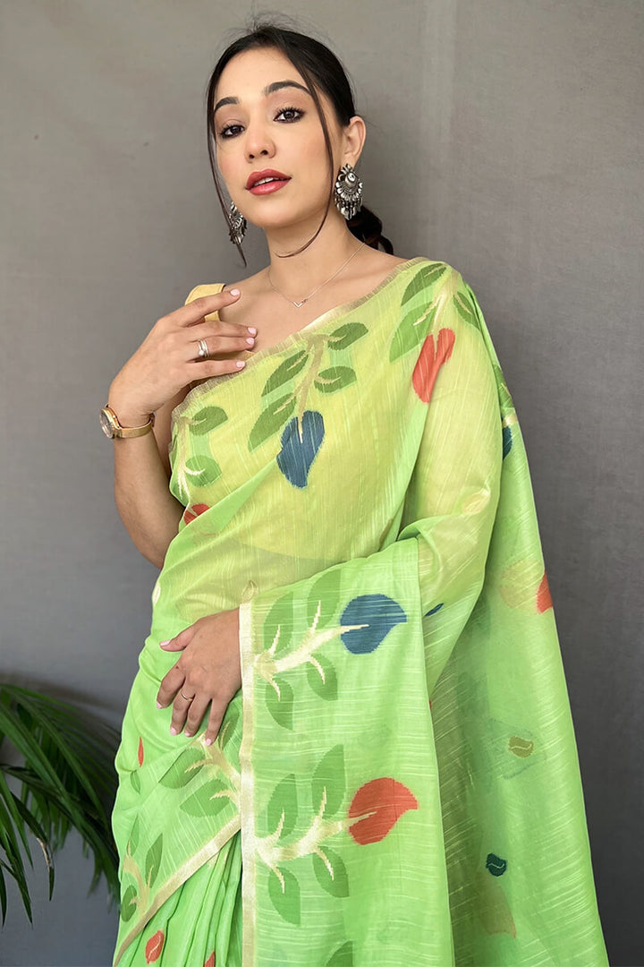 Acid Green Linen Silk Saree