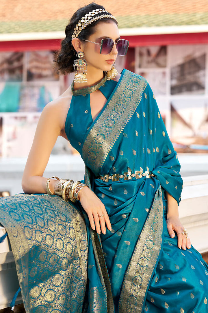 Adriatic Blue Zari Woven Banarasi Satin Silk Saree