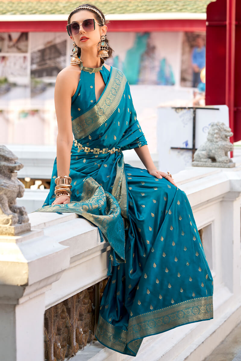 Adriatic Blue Zari Woven Banarasi Satin Silk Saree
