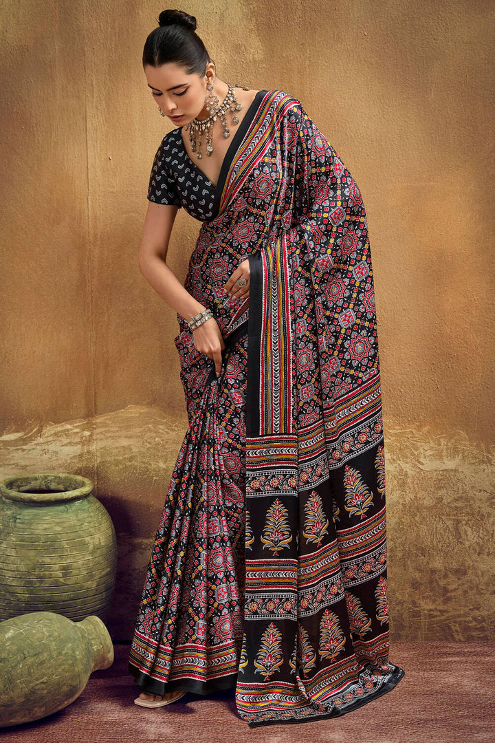 Aged Black Ajrakh Printed Satin Silk Saree