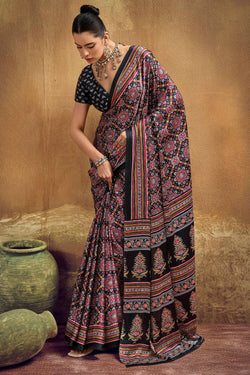 Aged Black Ajrakh Printed Satin Silk Saree