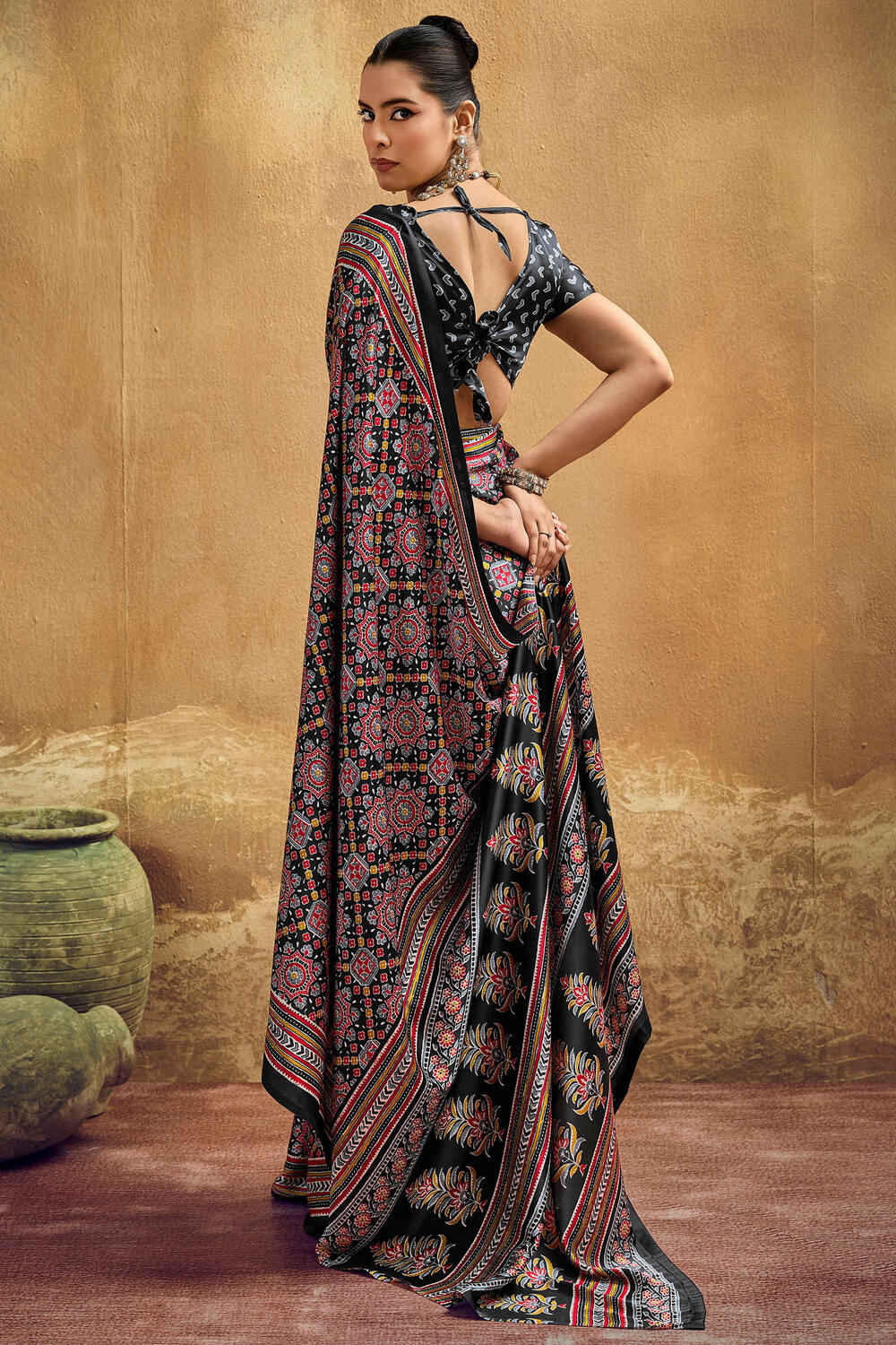 Aged Black Ajrakh Printed Satin Silk Saree