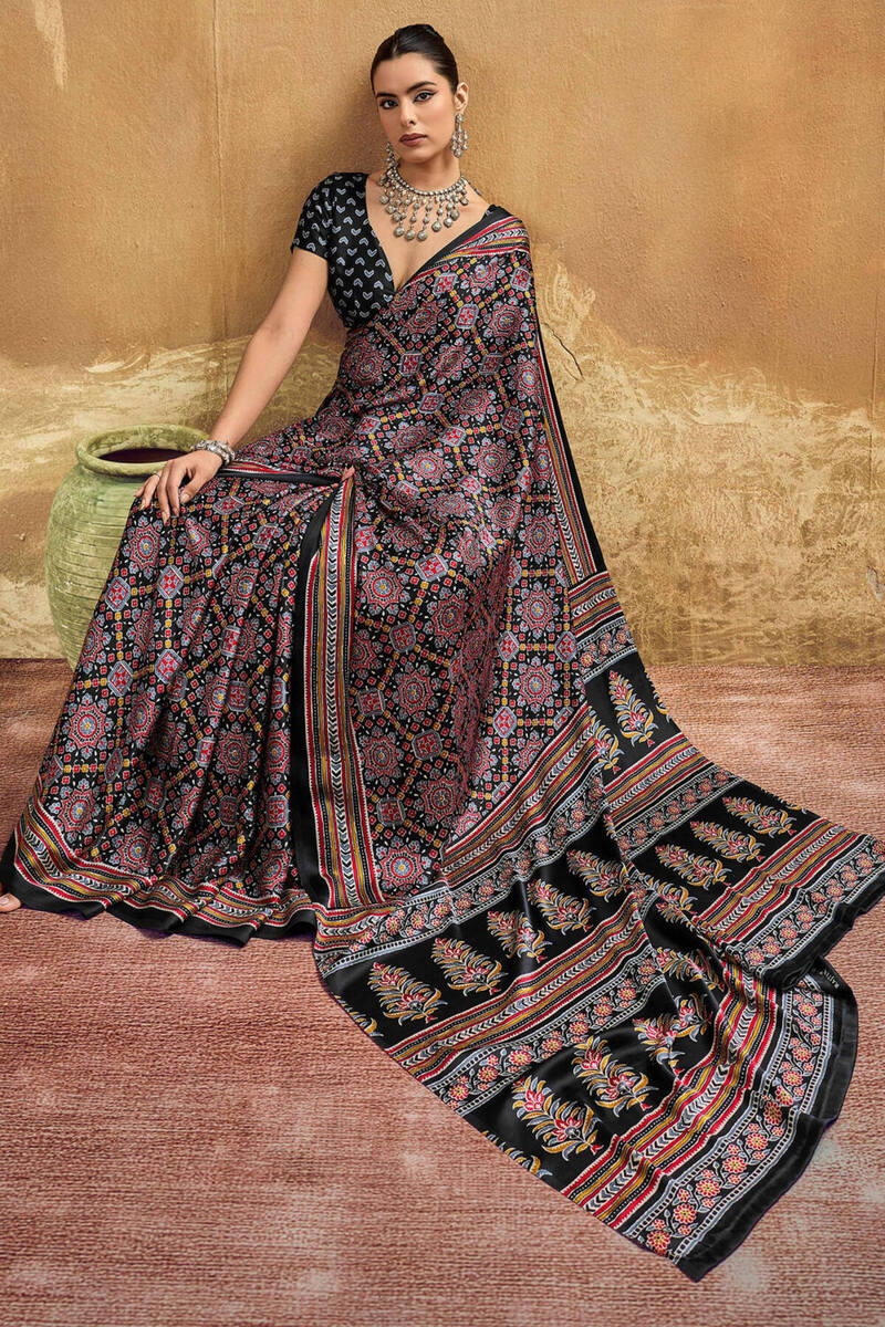 Aged Black Ajrakh Printed Satin Silk Saree