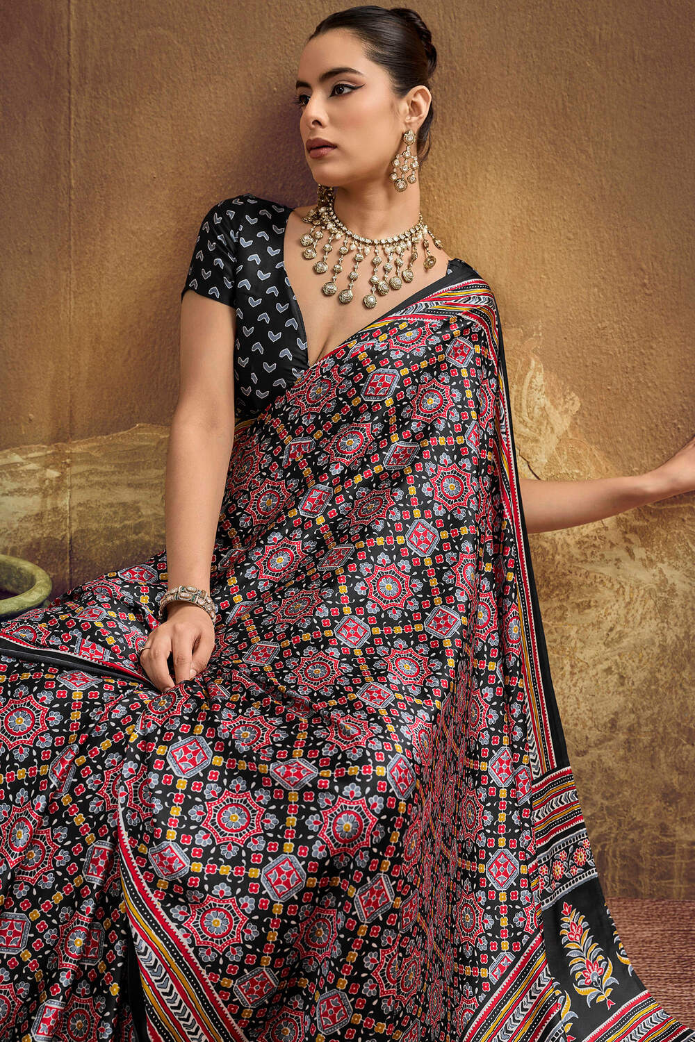 Aged Black Ajrakh Printed Satin Silk Saree