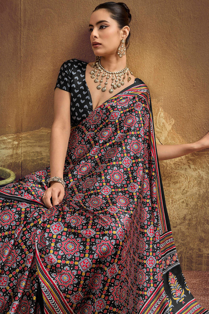 Aged Black Ajrakh Printed Satin Silk Saree