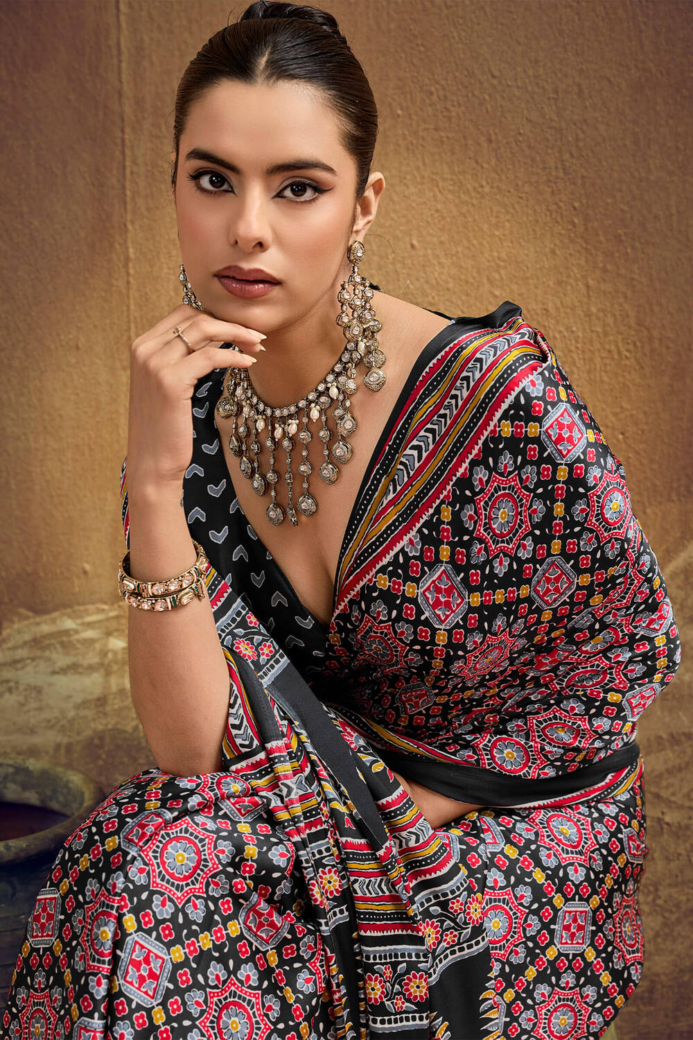 Aged Black Ajrakh Printed Satin Silk Saree