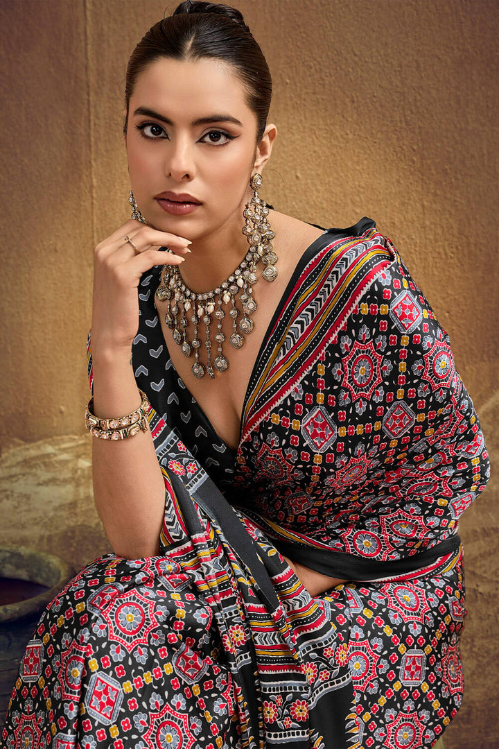 Aged Black Ajrakh Printed Satin Silk Saree
