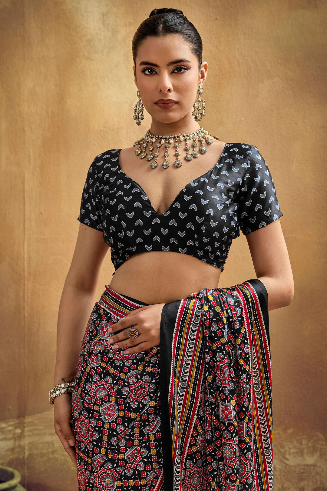 Aged Black Ajrakh Printed Satin Silk Saree