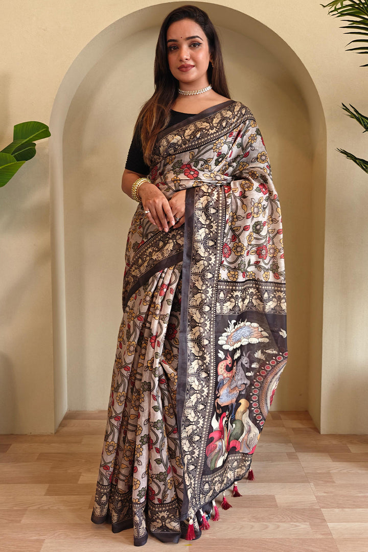 Albescent White Kalamkari Printed Chanderi Cotton Saree