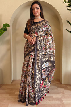 Albescent White Kalamkari Printed Chanderi Cotton Saree