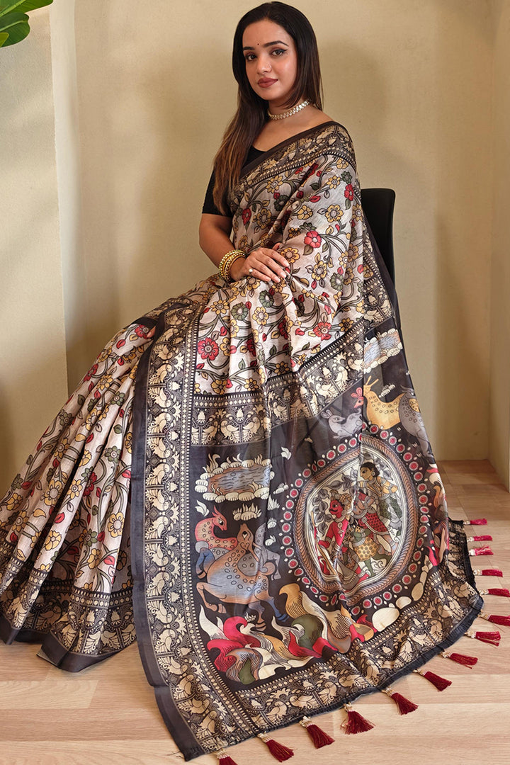 Albescent White Kalamkari Printed Chanderi Cotton Saree
