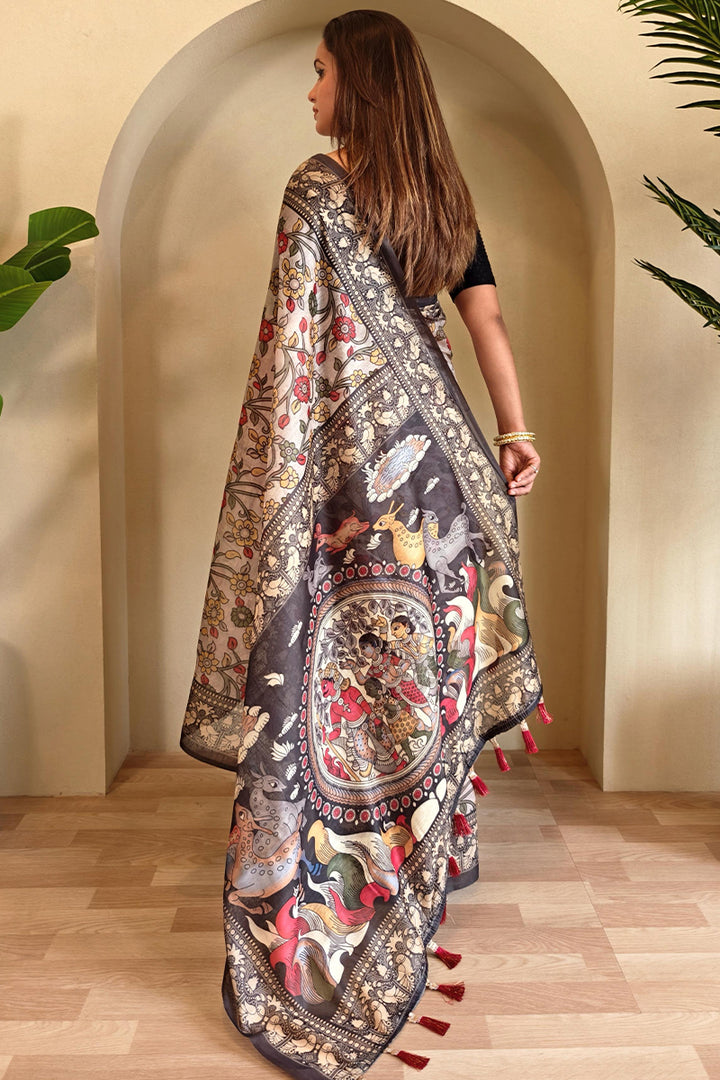 Albescent White Kalamkari Printed Chanderi Cotton Saree