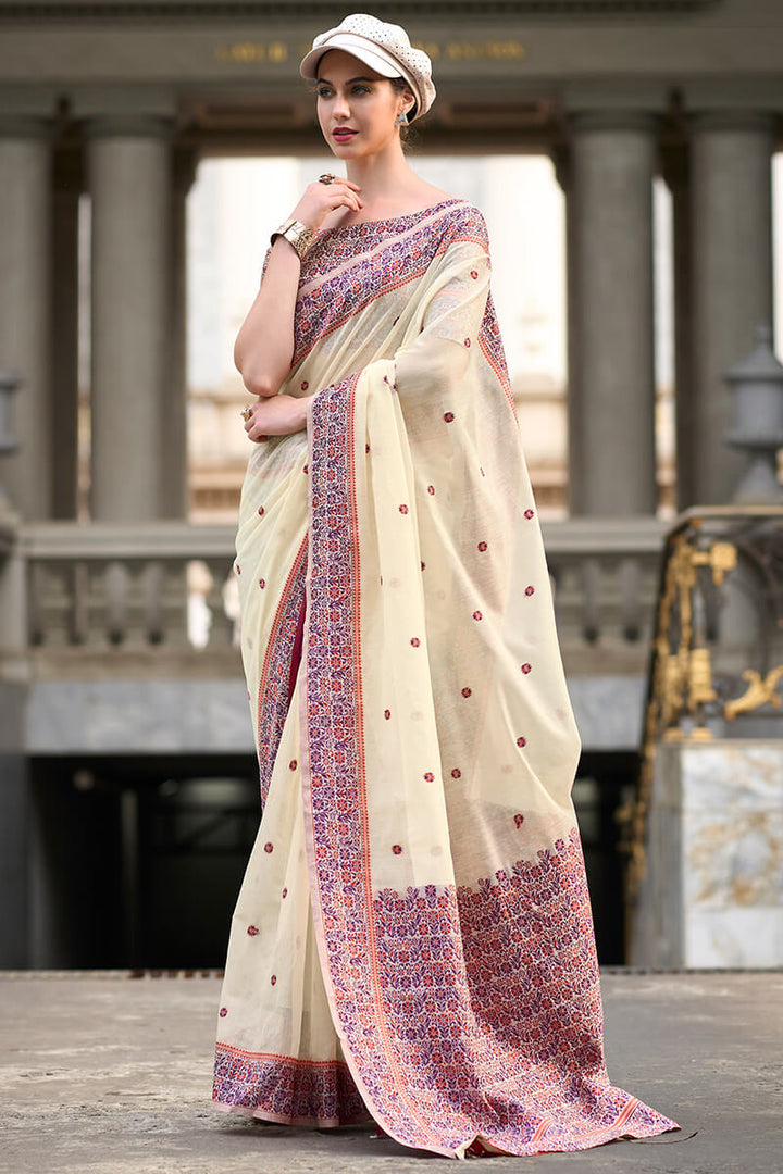 Albescent White Woven Soft Linen Silk Saree