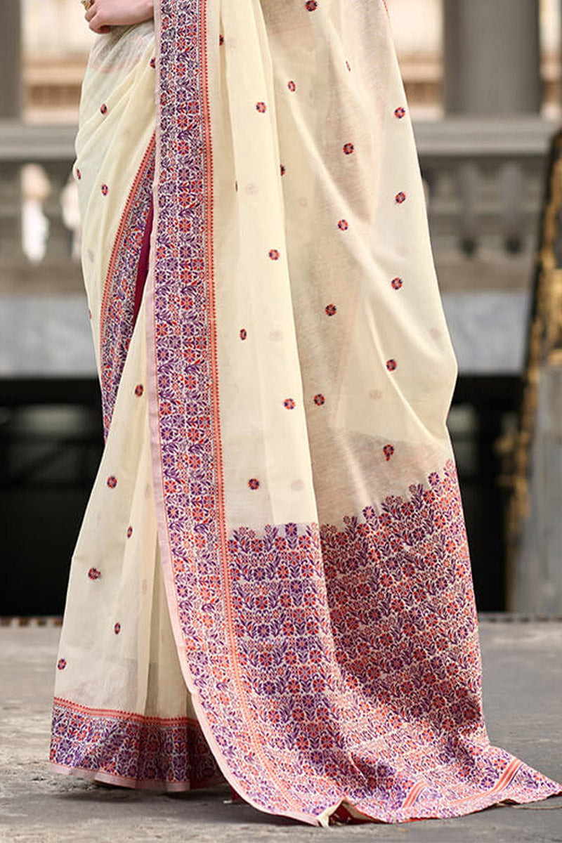 Albescent White Woven Soft Linen Silk Saree