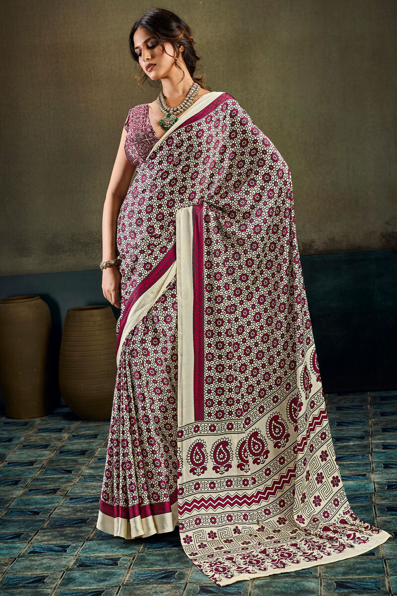 Almond Beige and Wine Ajrakh Printed Semi Modal Satin Silk Saree