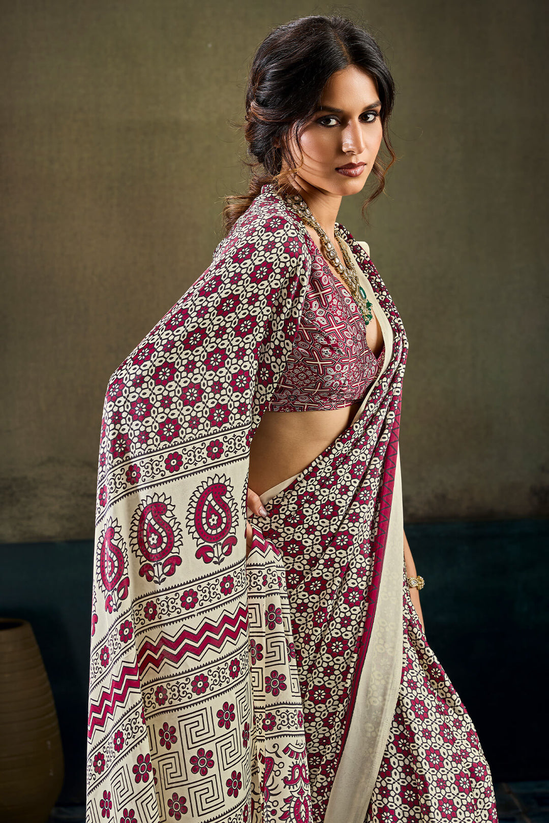 Almond Beige and Wine Ajrakh Printed Semi Modal Satin Silk Saree
