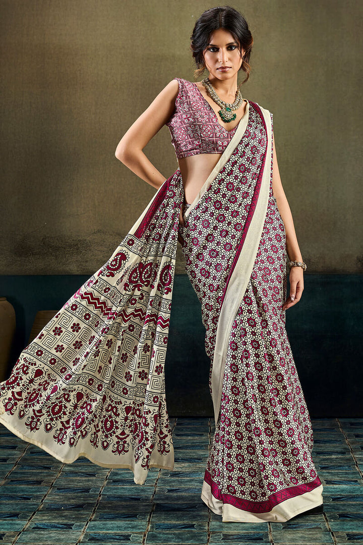 Almond Beige and Wine Ajrakh Printed Semi Modal Satin Silk Saree