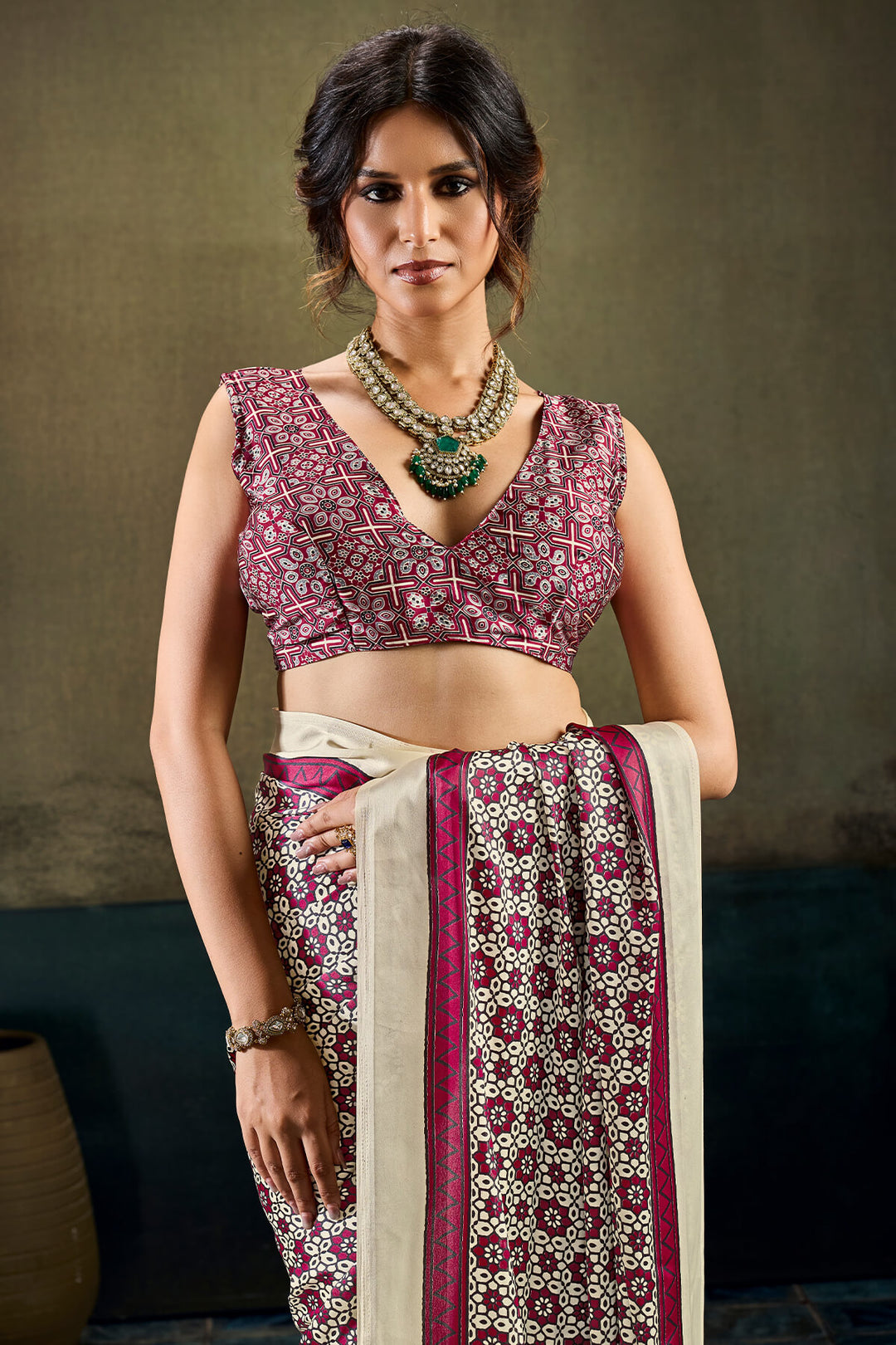 Almond Beige and Wine Ajrakh Printed Semi Modal Satin Silk Saree