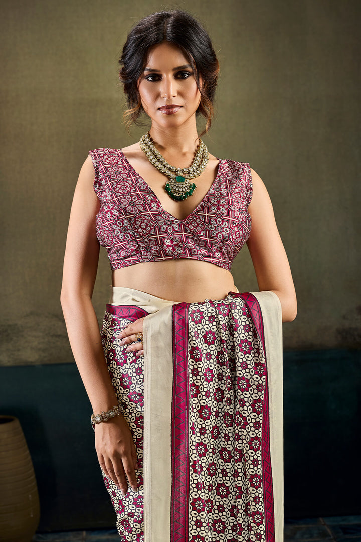 Almond Beige and Wine Ajrakh Printed Semi Modal Satin Silk Saree