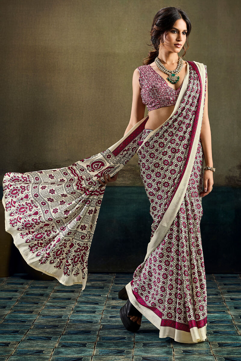 Almond Beige and Wine Ajrakh Printed Semi Modal Satin Silk Saree