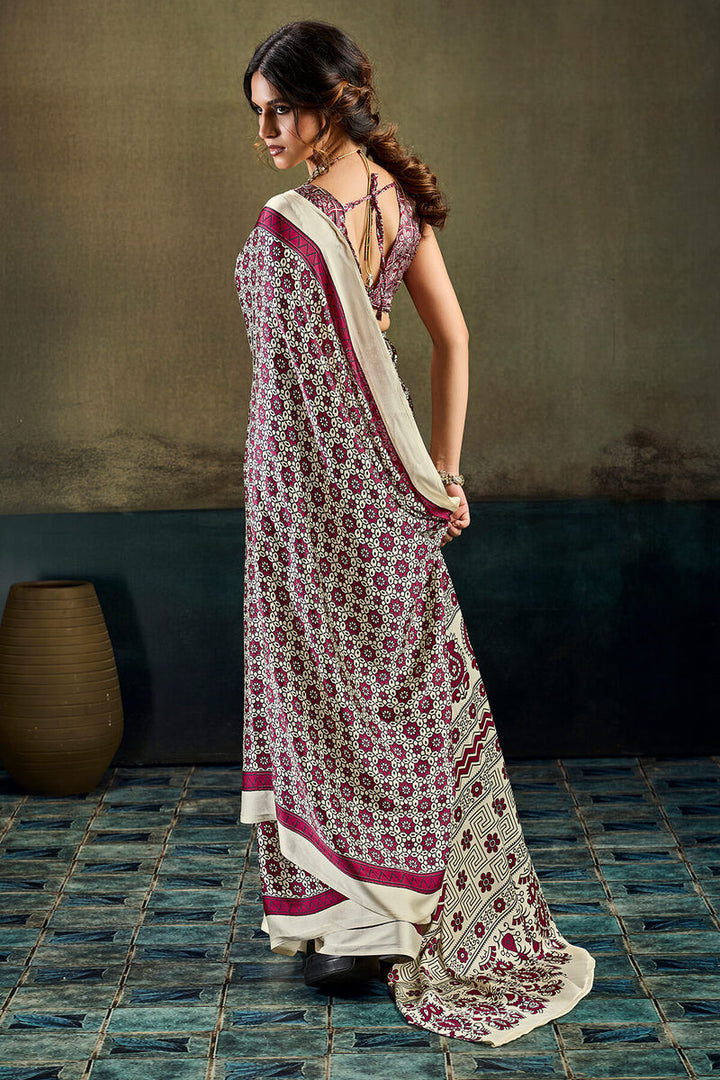 Almond Beige and Wine Ajrakh Printed Semi Modal Satin Silk Saree