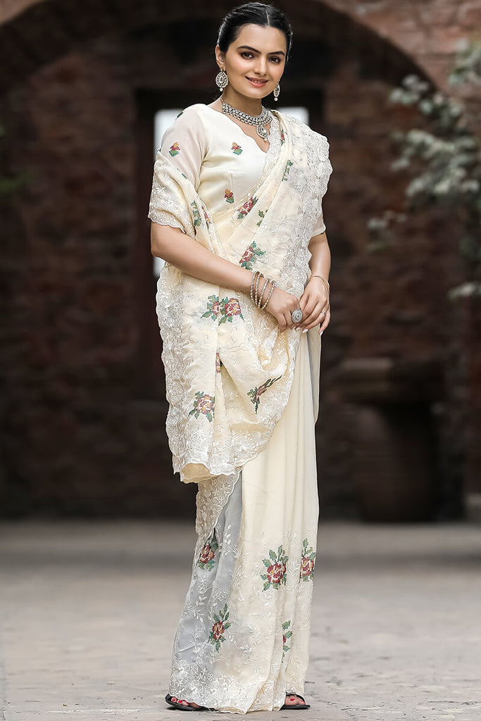 Almond Beige Emboroidey Worked Chiffon Saree