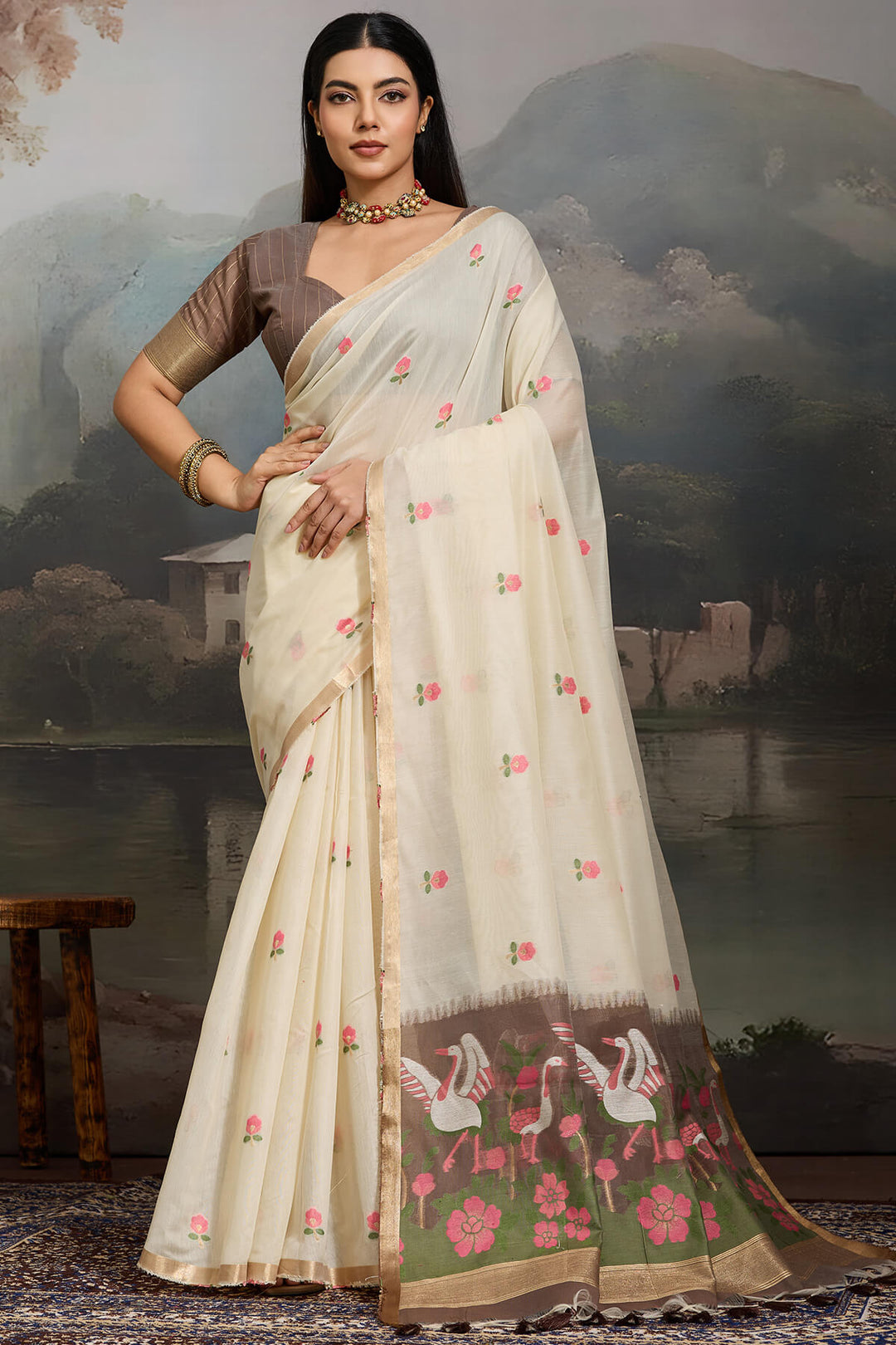 Almond Beige Handloom Spun Cotton Saree