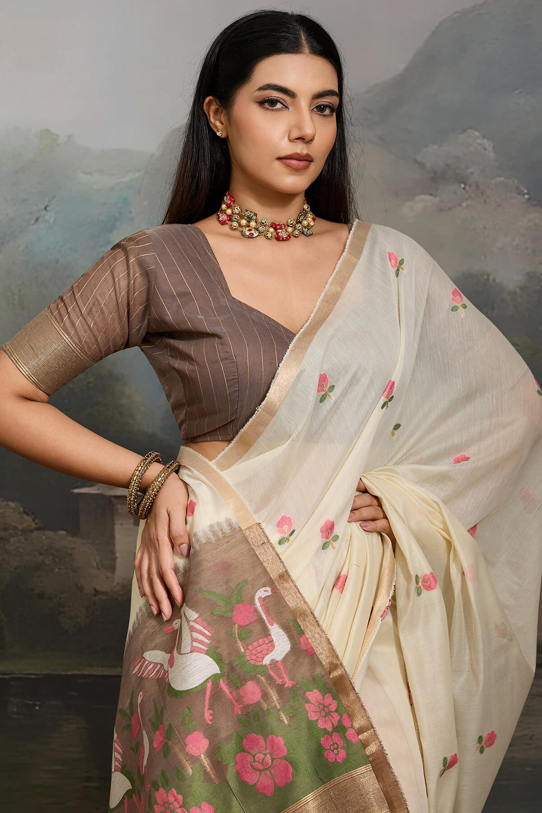 Almond Beige Handloom Spun Cotton Saree