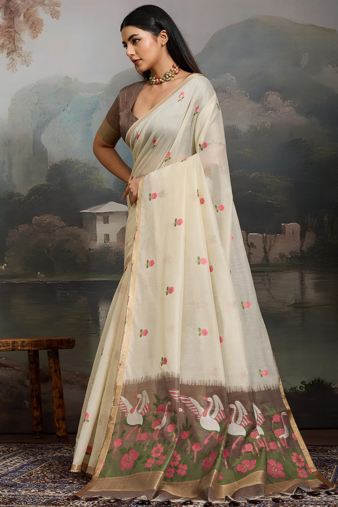 Almond Beige Handloom Spun Cotton Saree