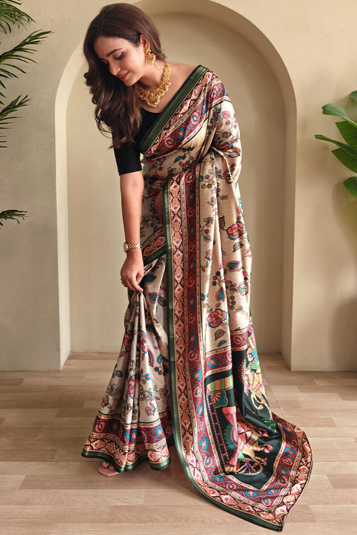 Almond Beige Kalamkari Printed Soft Silk Saree