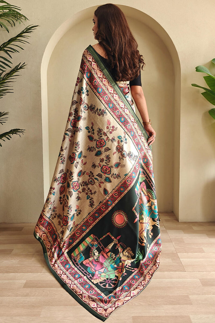 Almond Beige Kalamkari Printed Soft Silk Saree