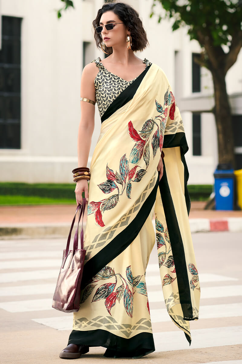 Almond Beige Printed Satin Crape Silk Saree